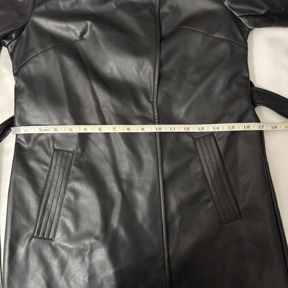 Black faux leather lapel collar belted open front trench coat - Picture 11 of 15